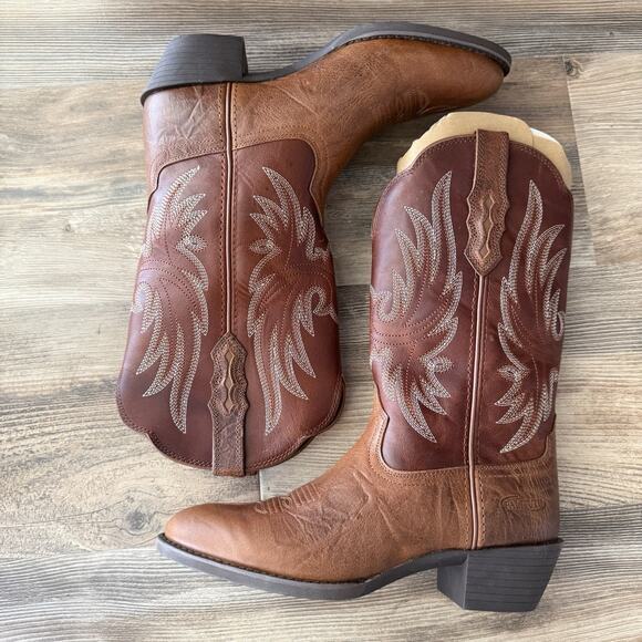 Palitutu Brown Leather Western Cowboy Boots Women’s 7.5 Floral Stitch Pull-On - Picture 3 of 7